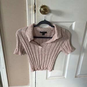 Pink Ribbed Knit Collared Top